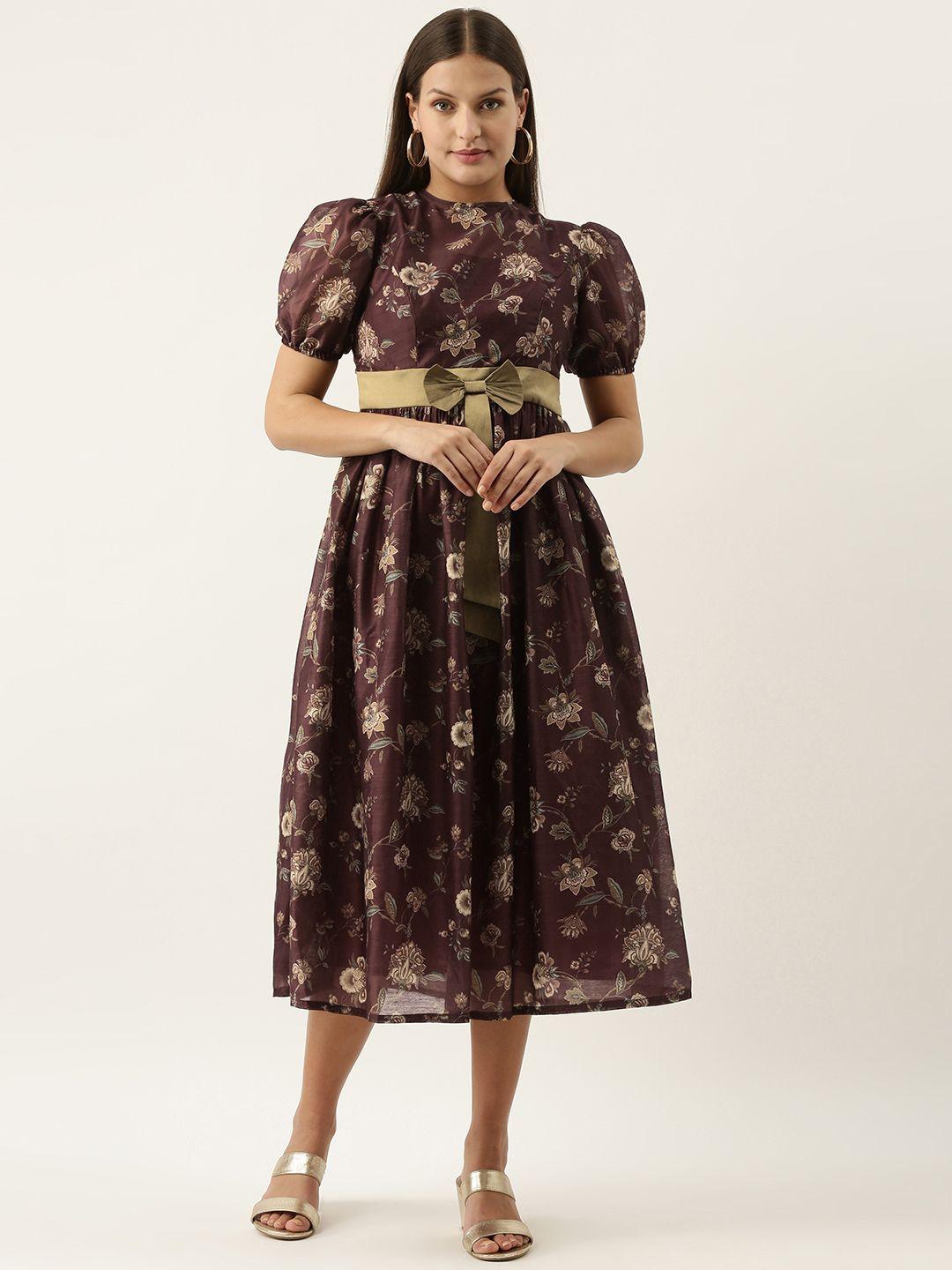 ethnovogue maroon & beige floral printed a-line midi dress