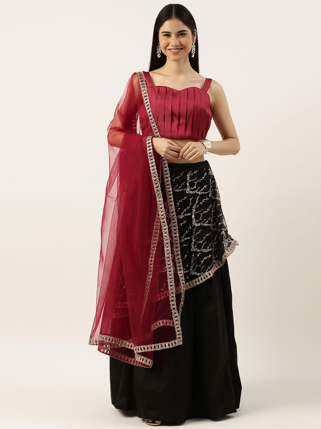 ethnovogue maroon & black sequinned made to measure lehenga & blouse with dupatta