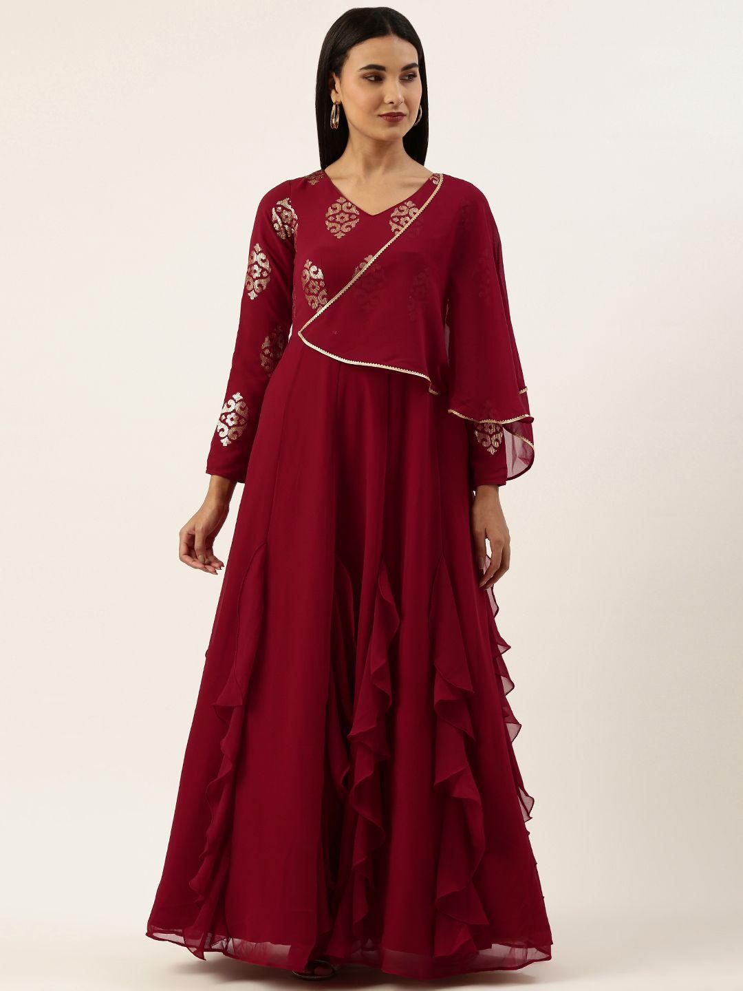 ethnovogue maroon embellished georgette ethnic maxi dress