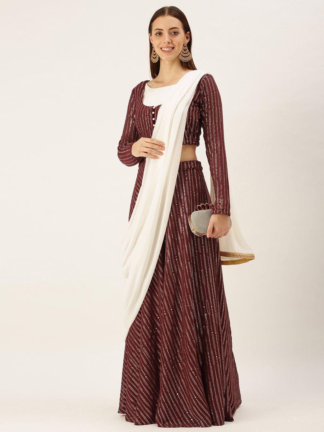 ethnovogue maroon embellished sequinned made to measure lehenga & blouse with dupatta