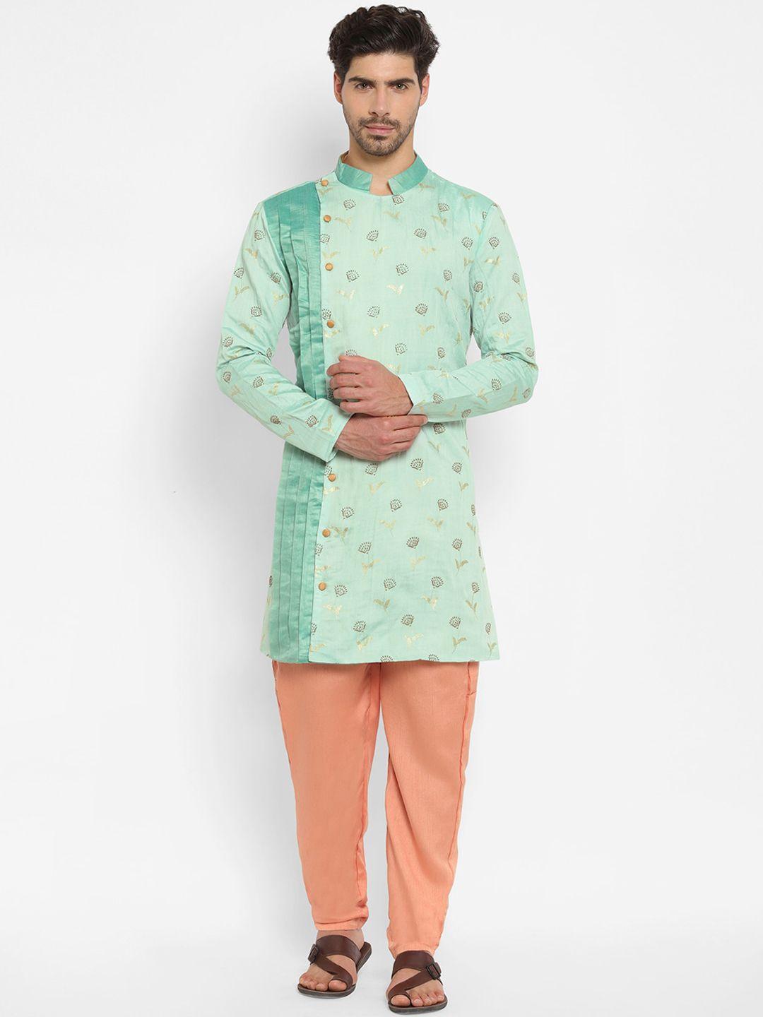 ethnovogue men blue printed angrakha kurta with pyjamas