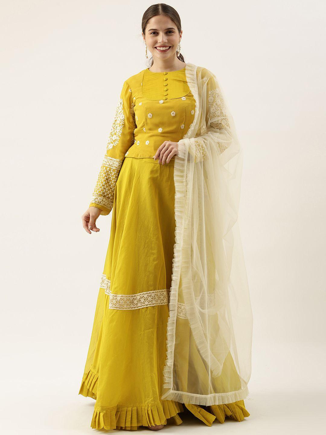 ethnovogue mustard & cream-coloured embroidered made to measure lehenga & blouse with dupatta