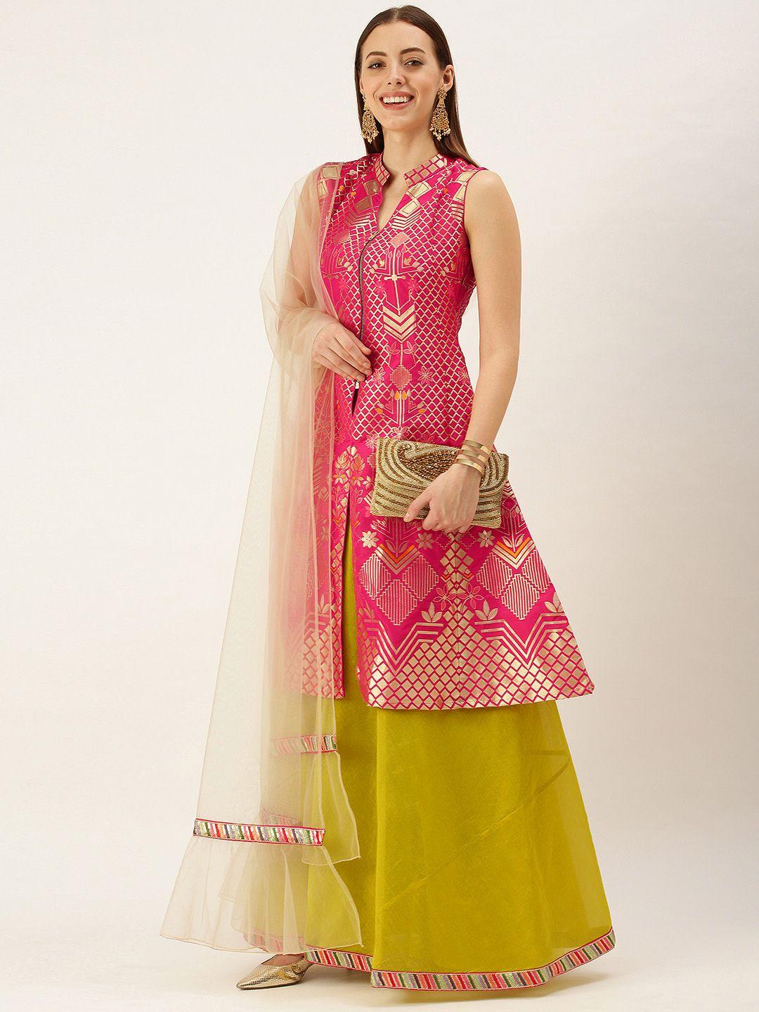 ethnovogue mustard yellow & pink made to measure fusion lehenga & blouse with dupatta