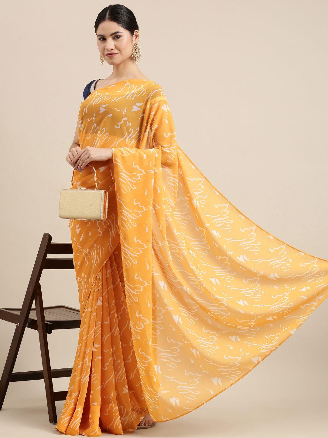 ethnovogue mustard yellow & white abstract printed saree