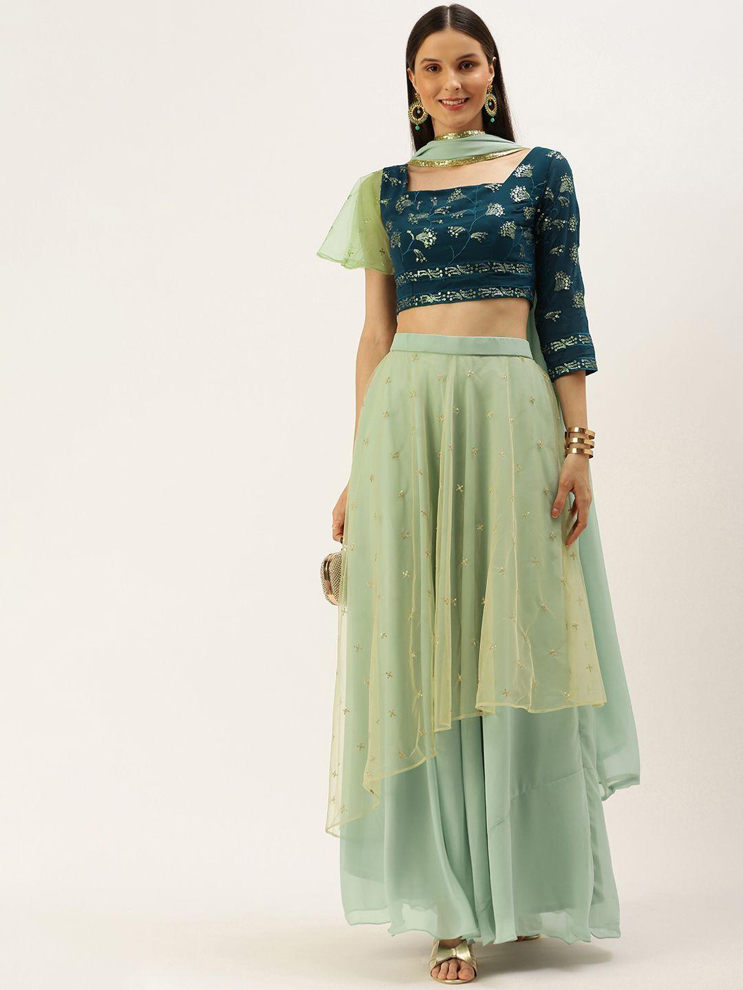 ethnovogue navy blue & green embellished sequinned ready to wear lehenga & blouse with dupatta