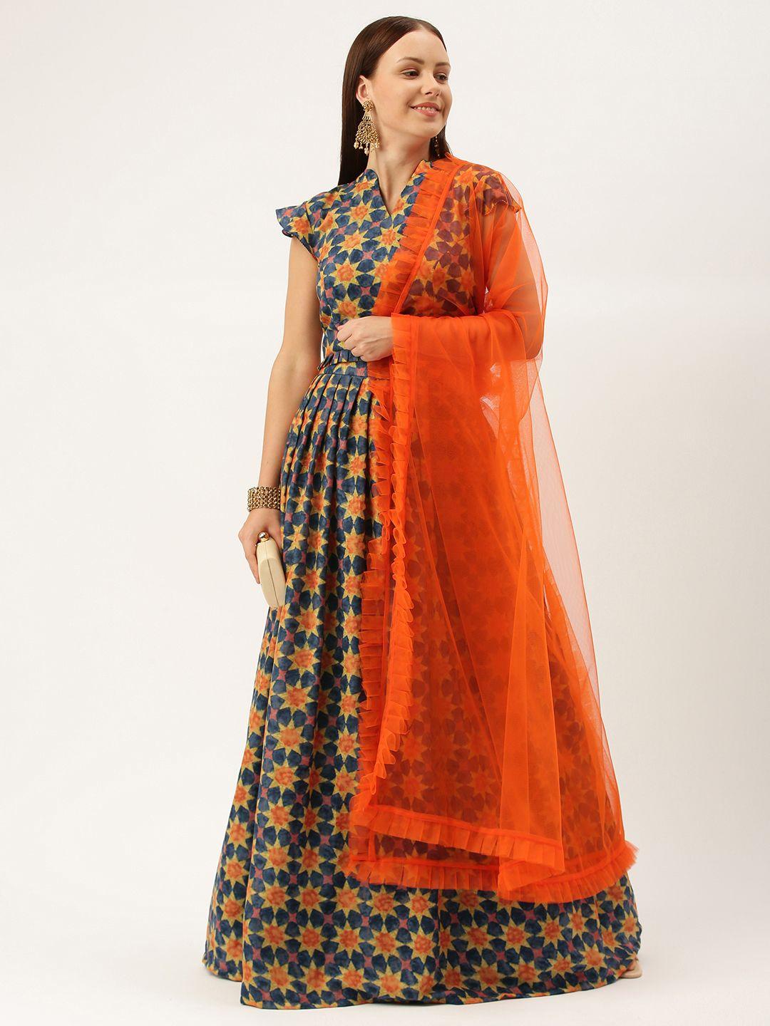 ethnovogue navy blue & orange made to measure lehenga & blouse with dupatta