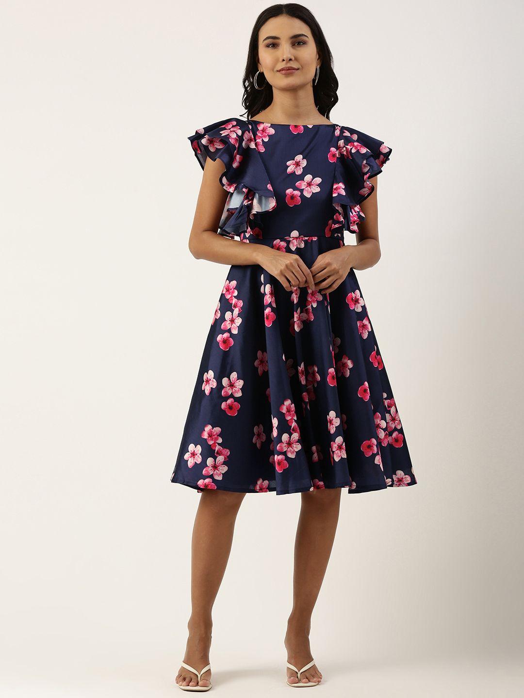 ethnovogue navy blue & pink floral a-line dress