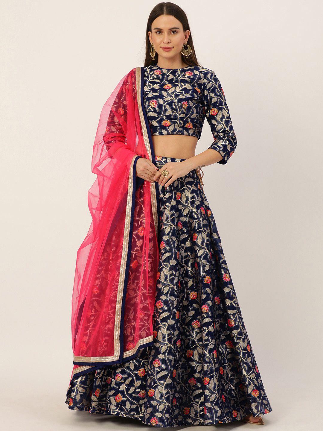 ethnovogue navy blue & pink printed made to measure lehenga & blouse with dupatta