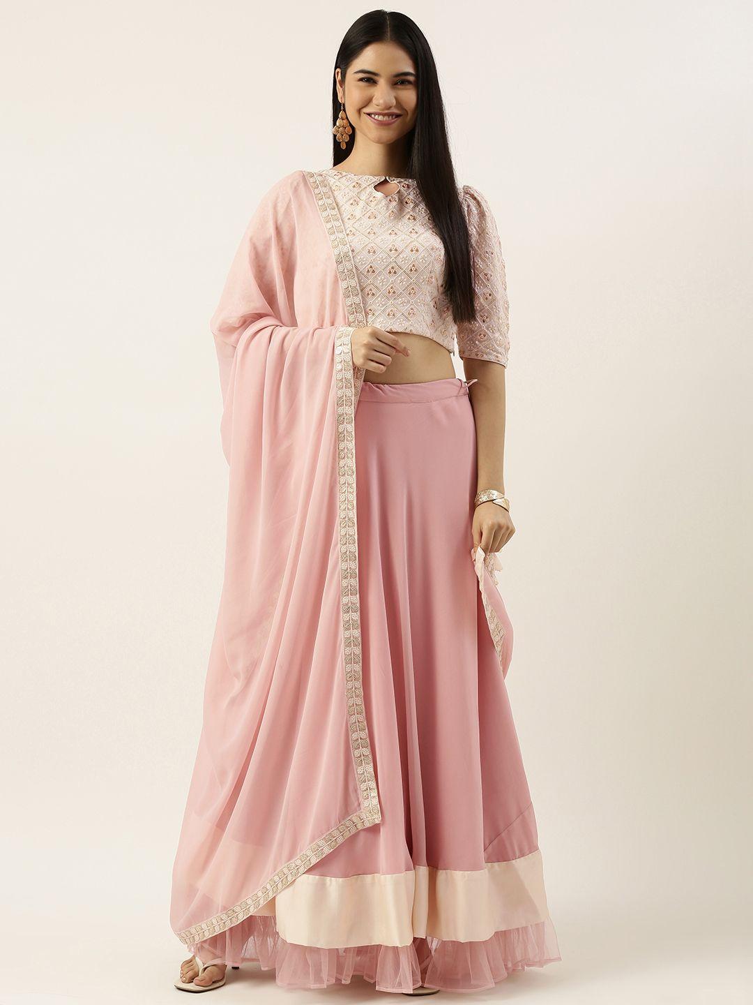ethnovogue off white & pink embroidered made to measure lehenga & blouse with dupatta