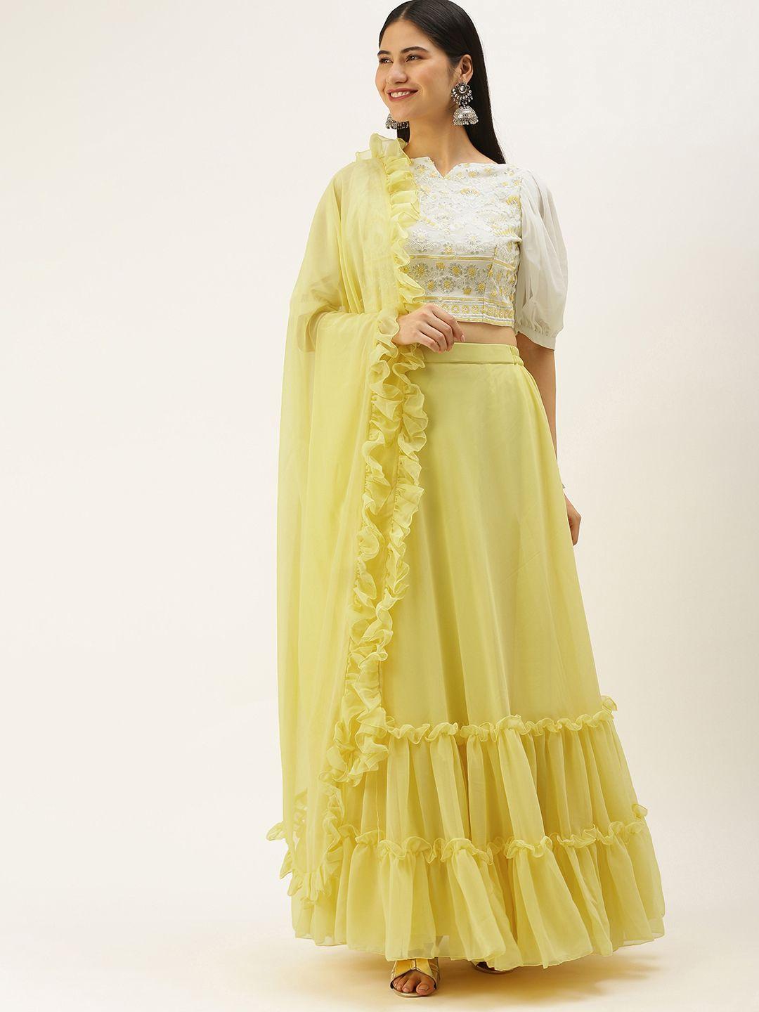 ethnovogue off white & yellow embroidered sequinned ready to wear lehenga & blouse with dupatta