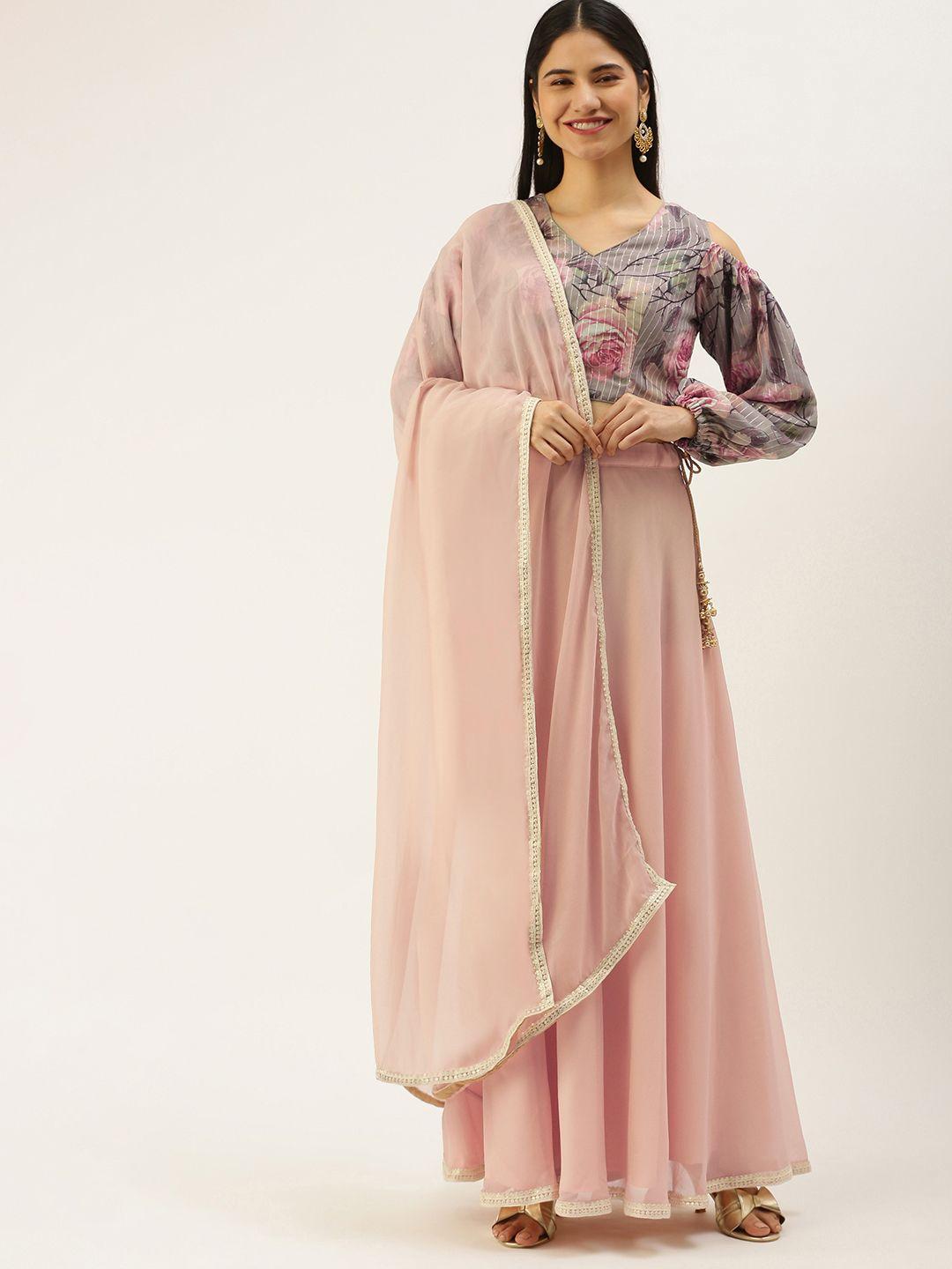 ethnovogue olive green & pink printed ready to wear lehenga & blouse with dupatta