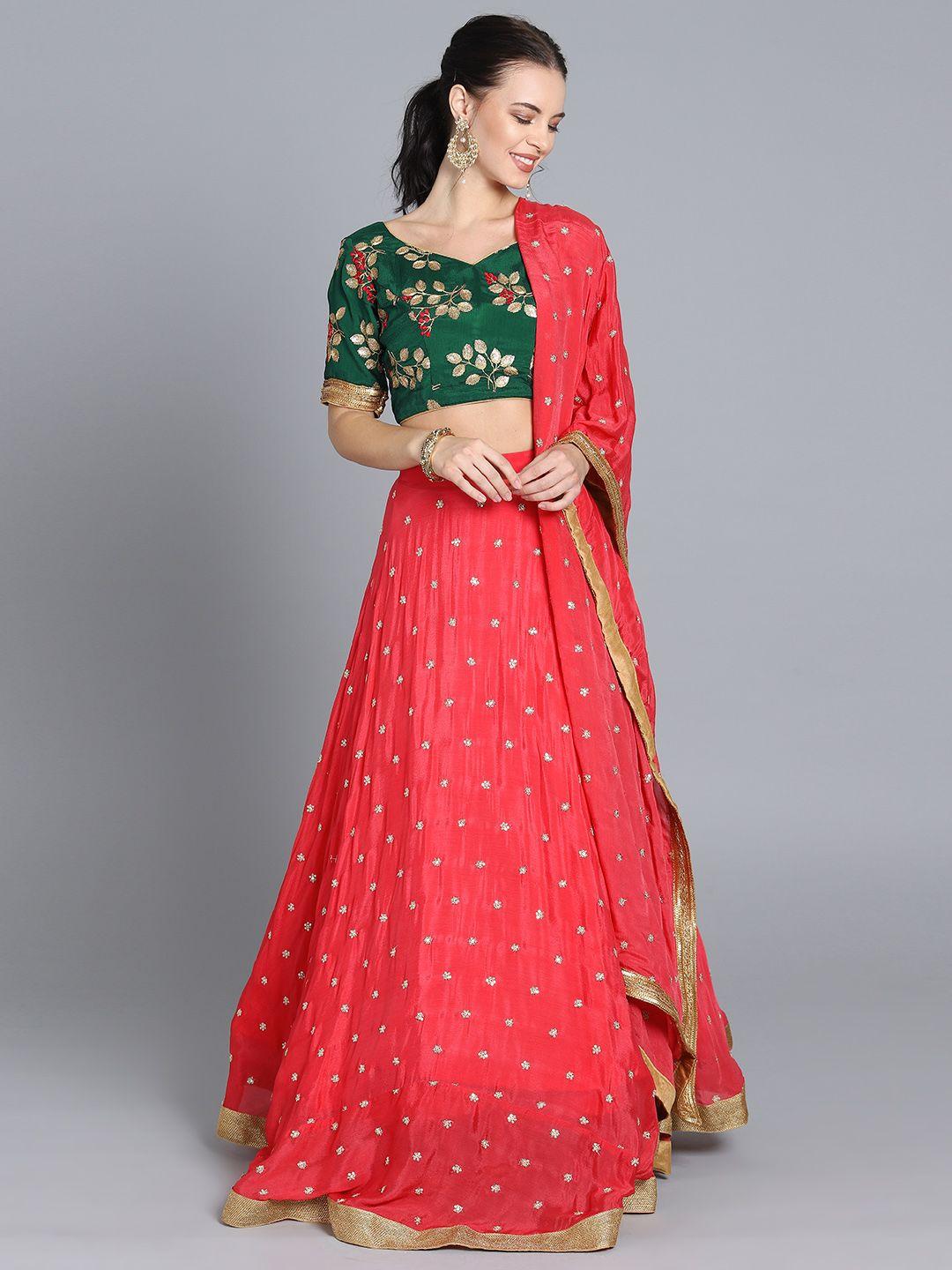 ethnovogue peach & green embroidered made to measure lehenga & choli with dupatta