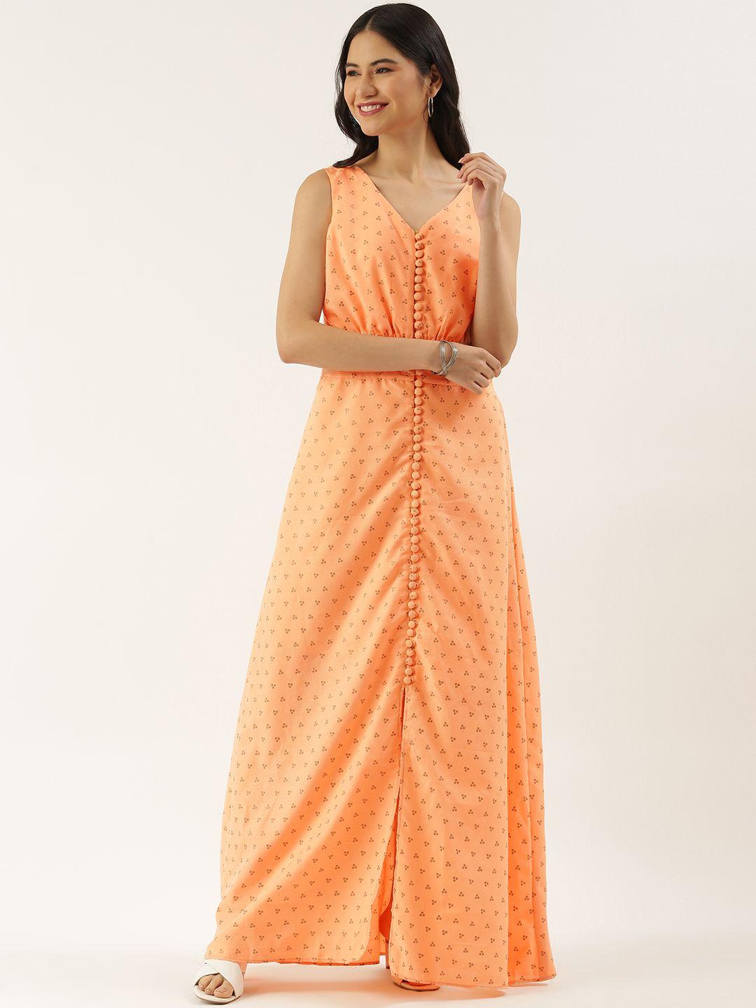 ethnovogue peach-coloured & coffee brown foil print cotton front-slit a-line maxi dress