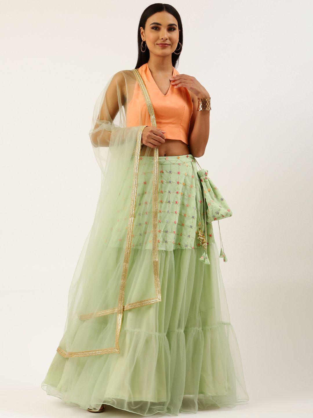 ethnovogue peach-coloured & green sequinned ready to wear lehenga & blouse with dupatta & potli bag