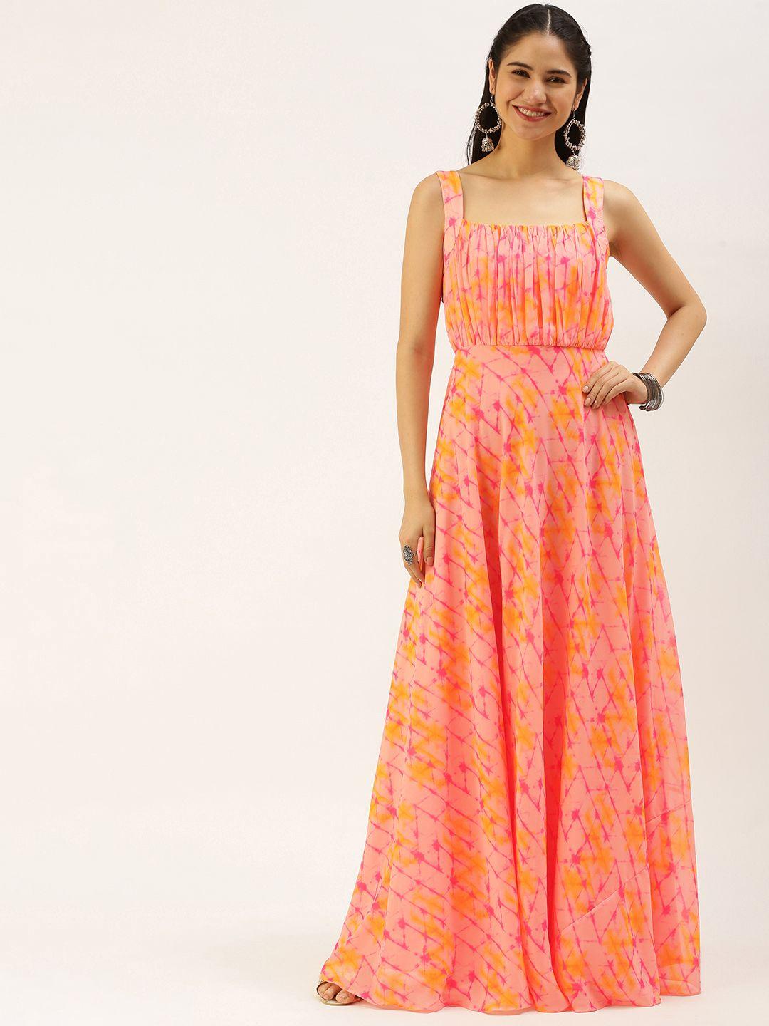 ethnovogue peach-coloured & yellow geometric digital print georgette maxi dress