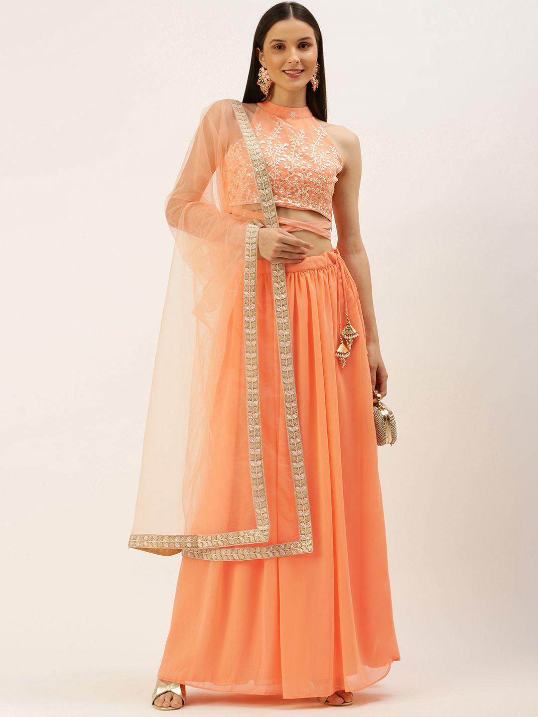 ethnovogue peach-coloured embellished sequinned ready to wear lehenga & blouse with dupatta