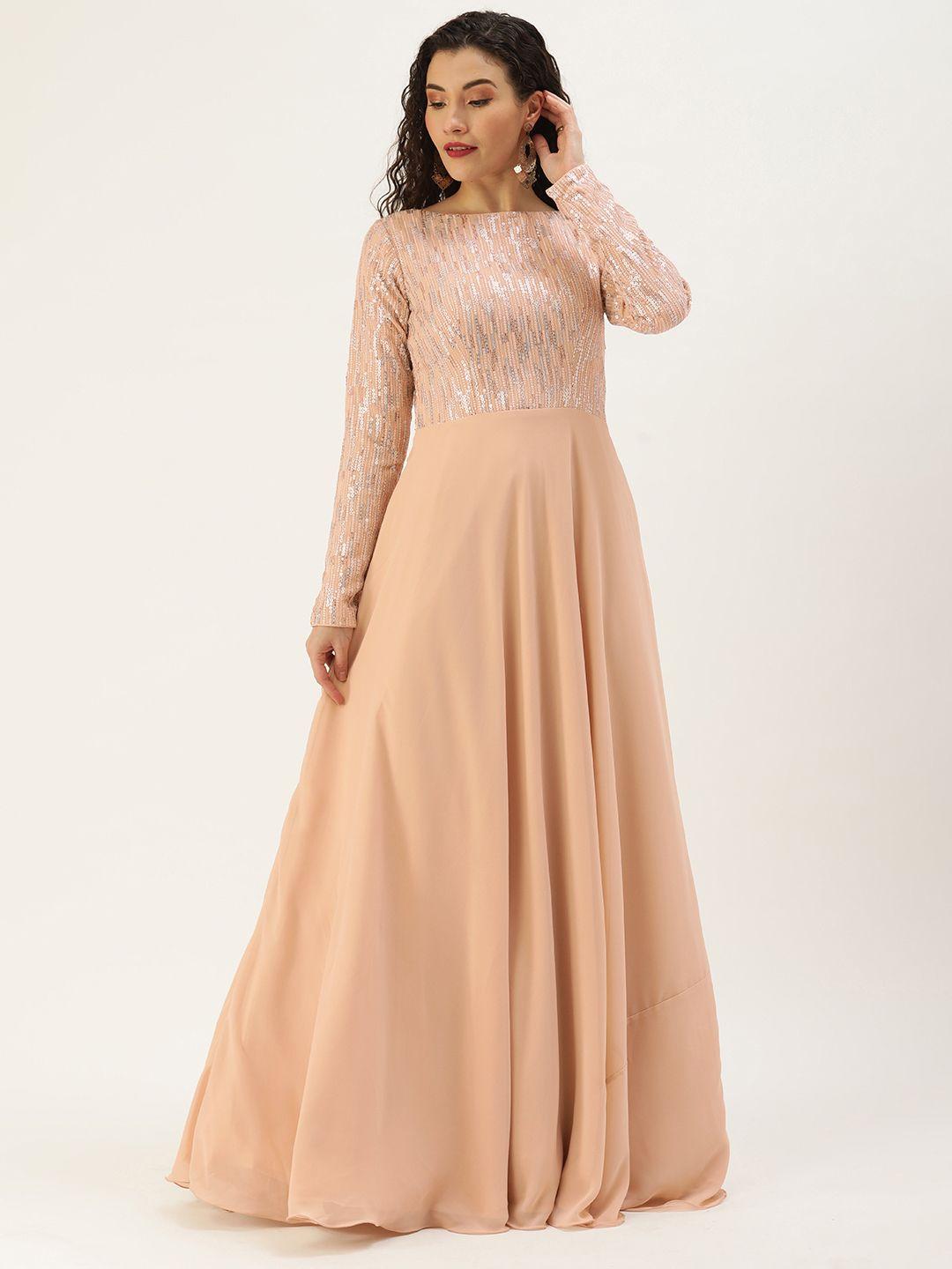 ethnovogue peach-coloured embroidered georgette ethnic maxi dress