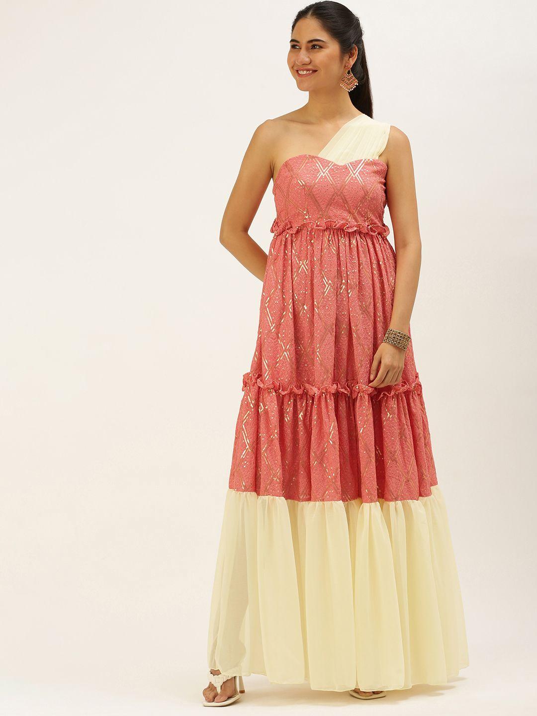 ethnovogue peach-coloured embroidered one shoulder georgette ethnic maxi dress