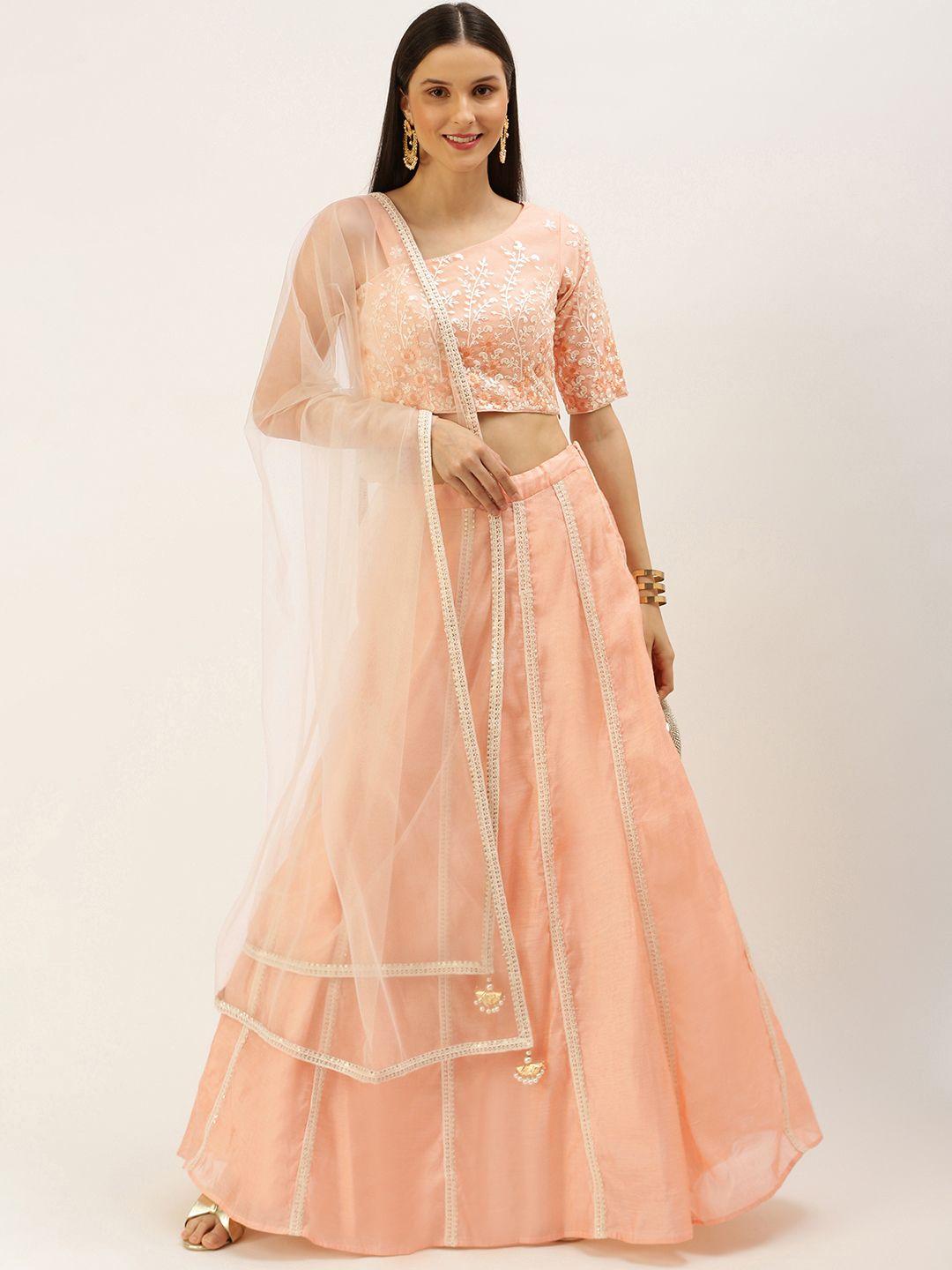 ethnovogue peach-coloured embroidered sequinned ready to wear lehenga & blouse with dupatta