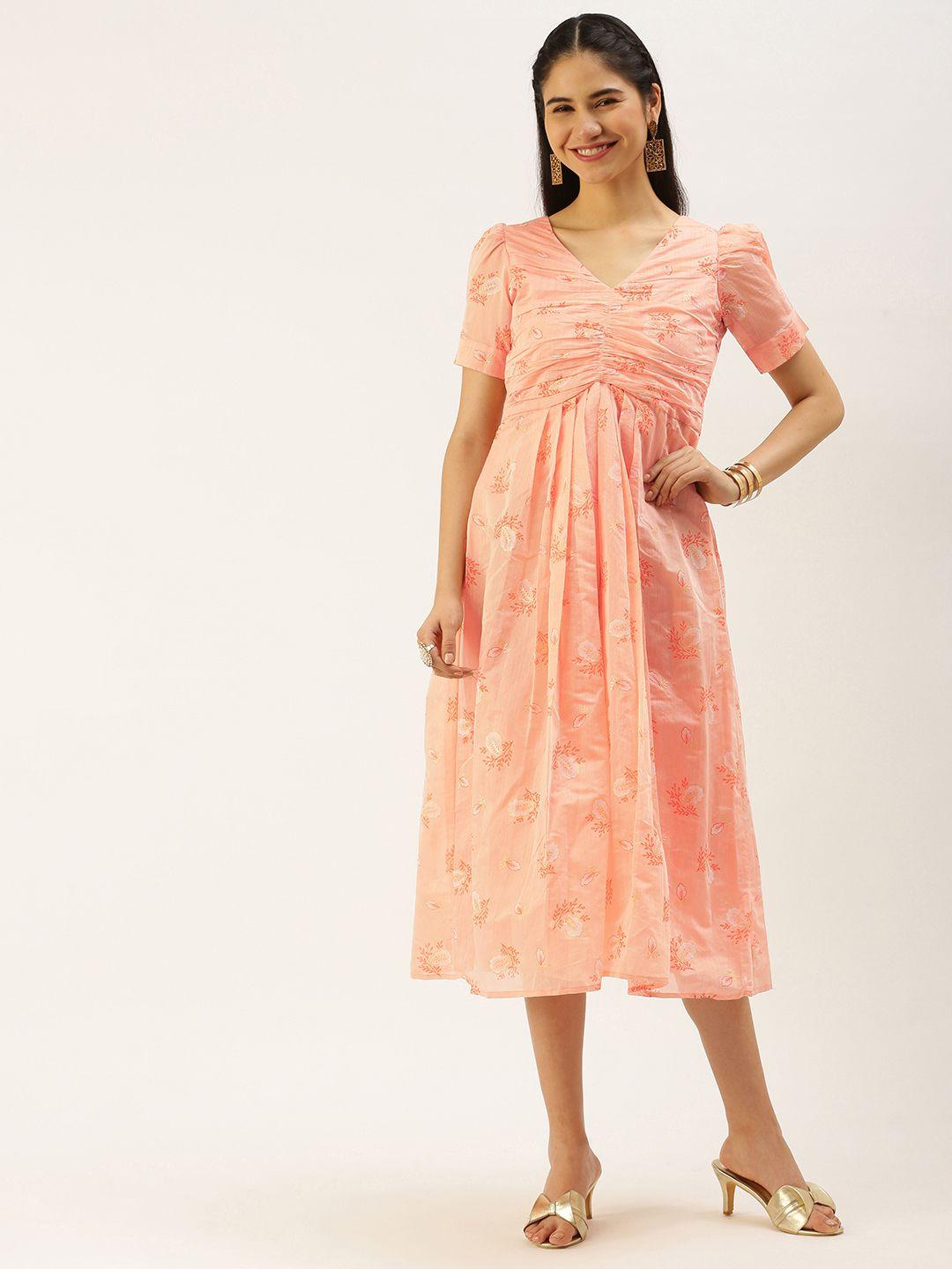 ethnovogue peach-coloured ethnic foil print a-line midi dress