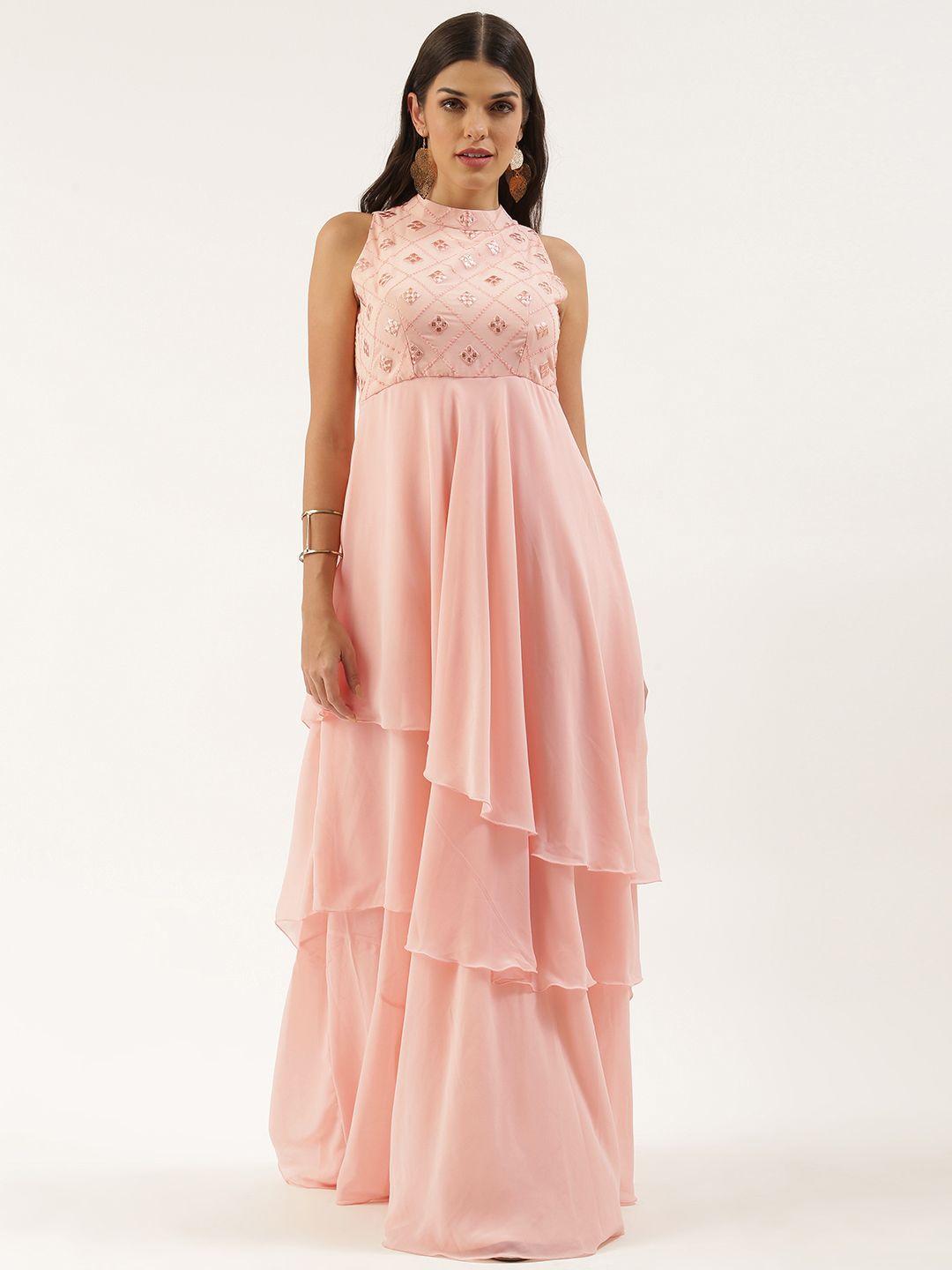 ethnovogue peach-coloured ethnic motifs embroidered layered georgette maxi dress