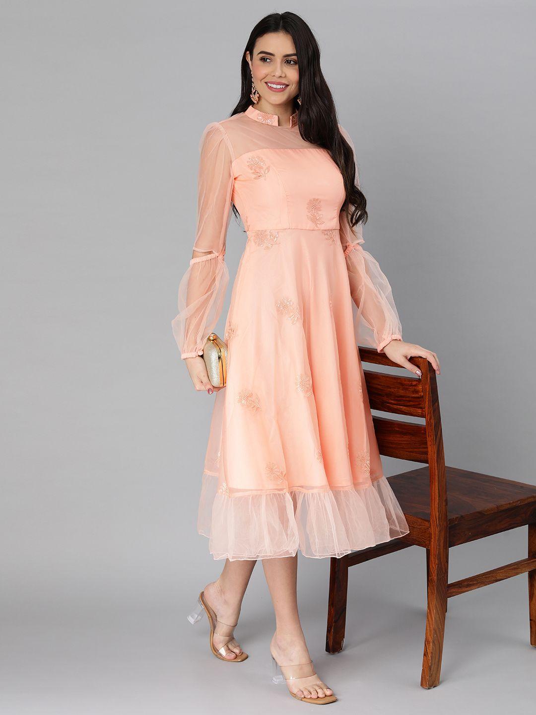 ethnovogue peach-coloured made to measure ethnic motifs a-line midi dress