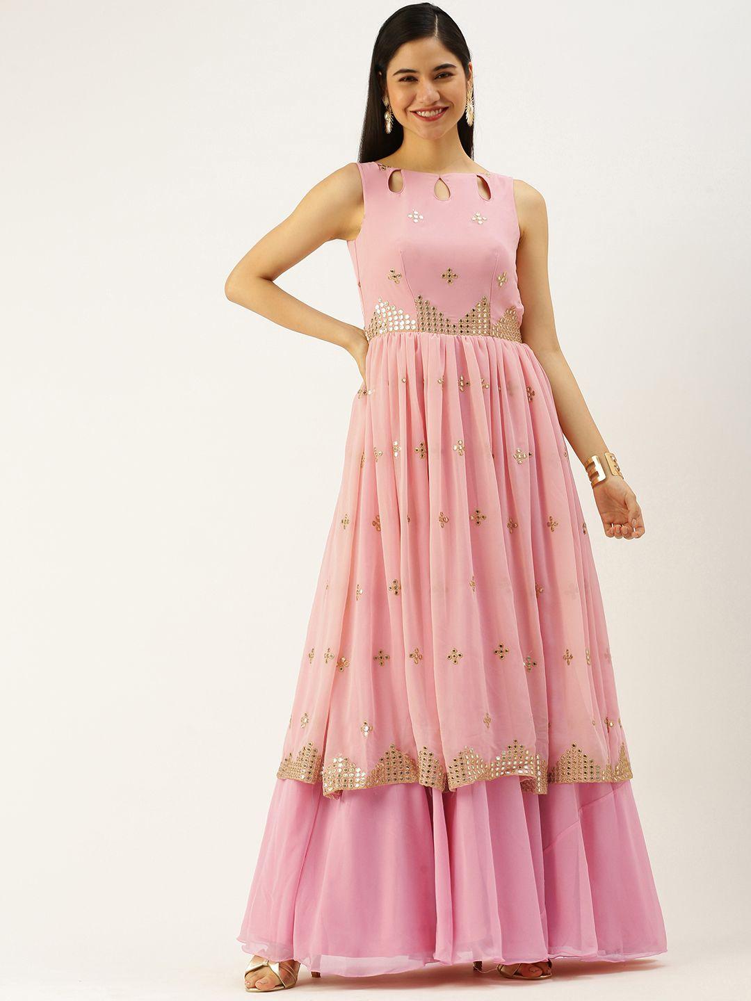 ethnovogue peach-coloured padded layered embroidered ethnic made to measure maxi dress