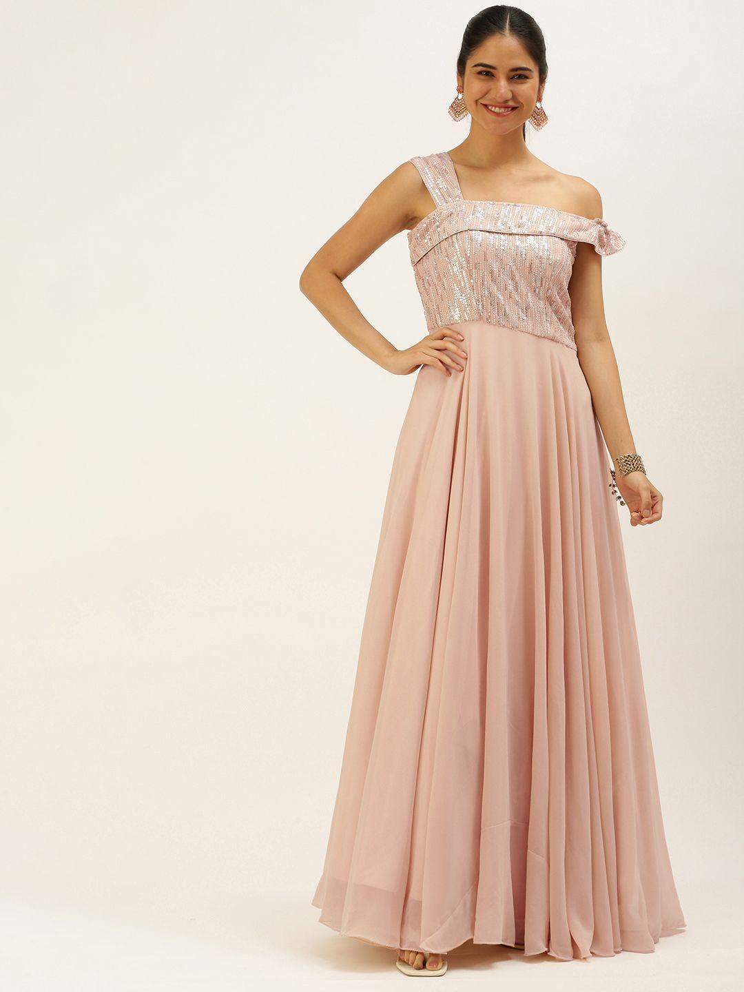 ethnovogue peach-coloured sequinned one shoulder georgette maxi dress