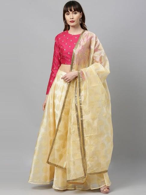 ethnovogue pink & beige cotton embellished lehenga choli set with dupatta