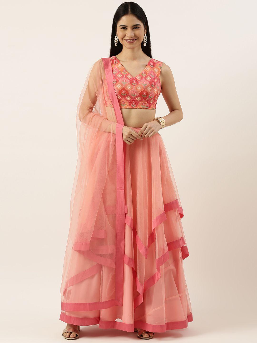 ethnovogue pink & green embroidered made to measure lehenga & blouse with dupatta