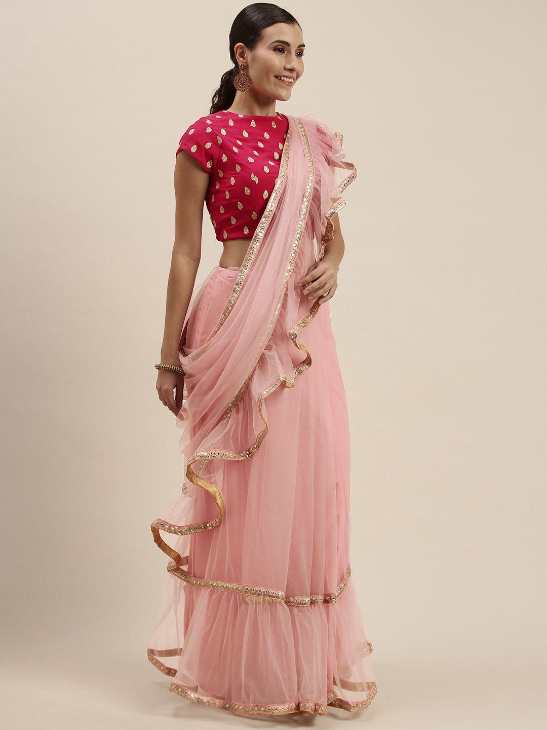 ethnovogue pink & magenta sequinned net ruffle ready to wear saree