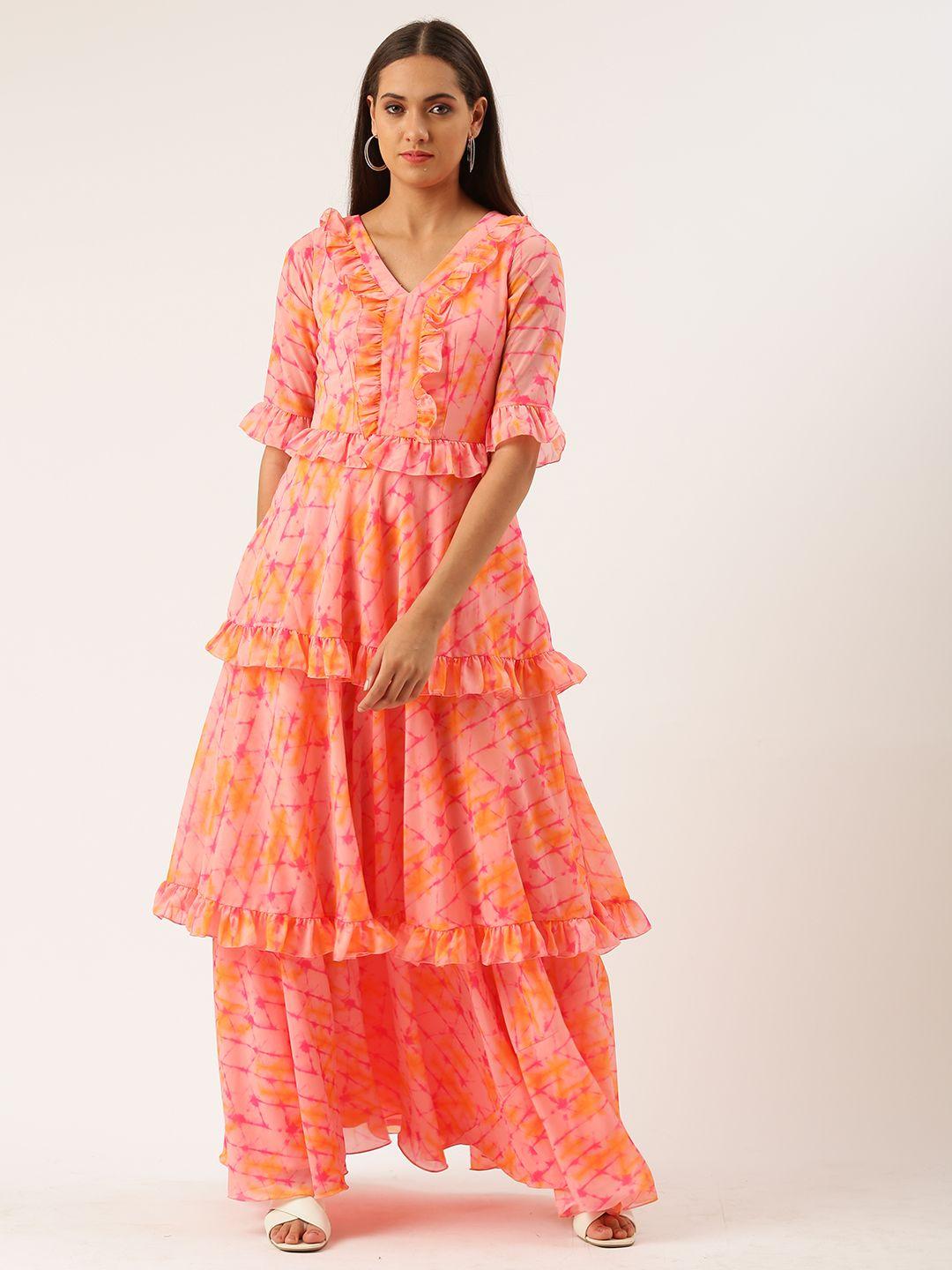 ethnovogue pink & orange ready to wear digital print layered a-line ethnic gown