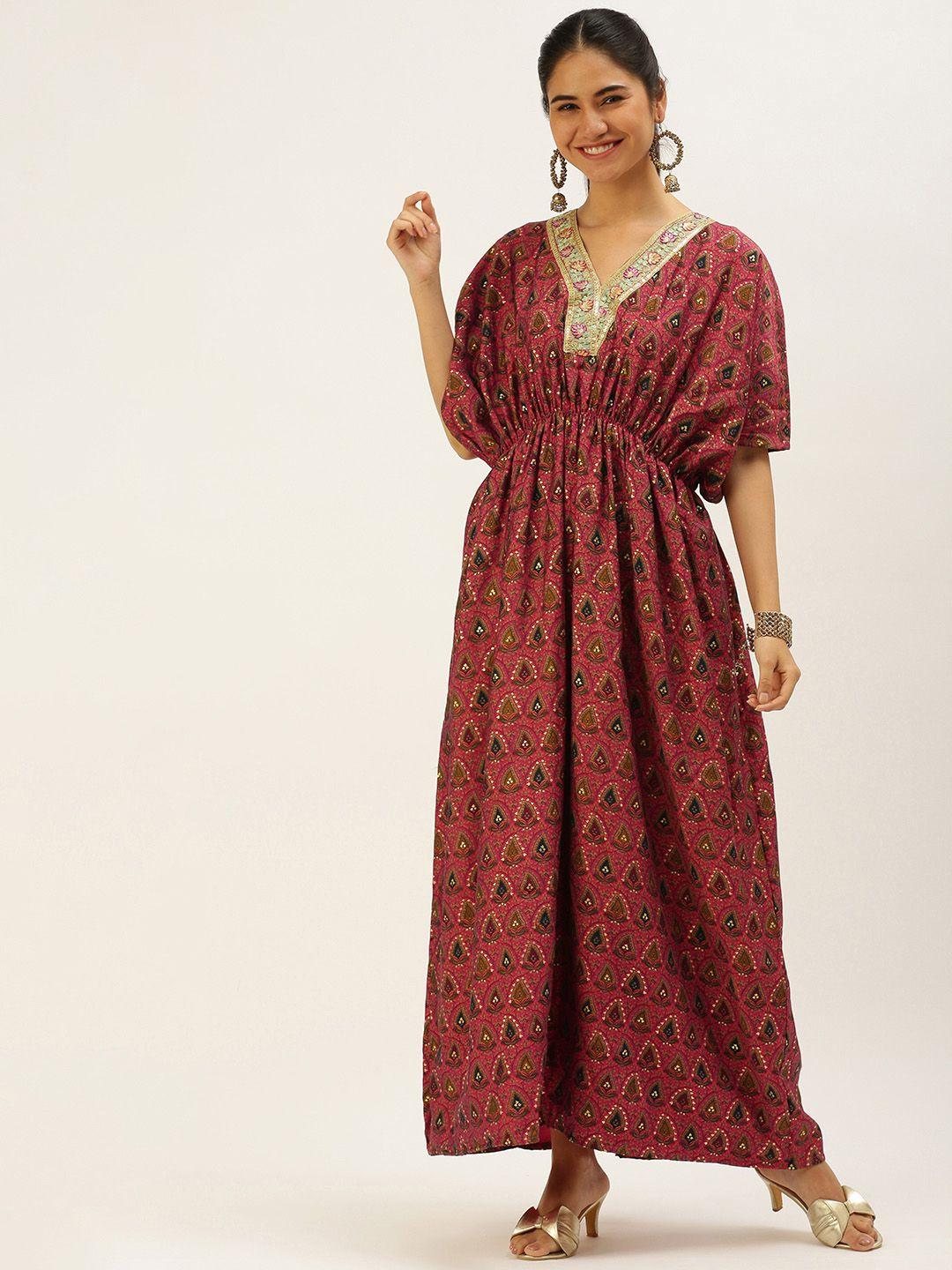 ethnovogue pink chanderi art silk ethnic motifs print kaftan maxi dress