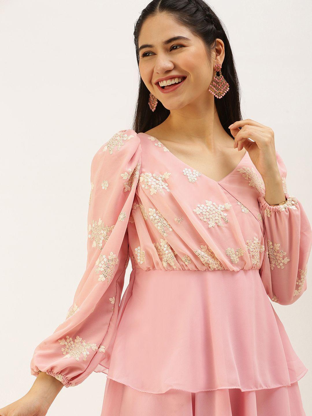 ethnovogue pink ethnic embellished layered georgette wrap dress