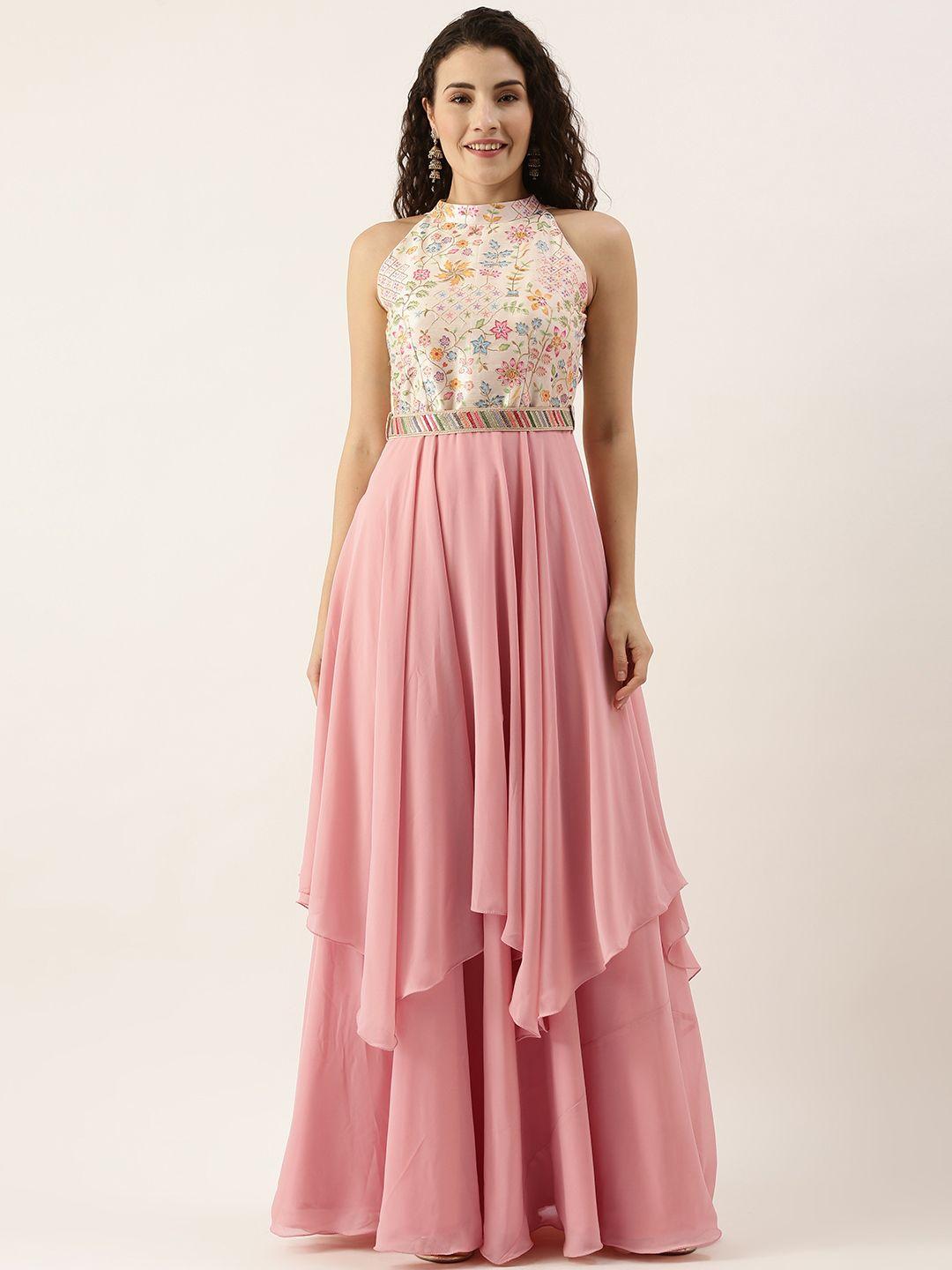 ethnovogue pink floral embroidered georgette maxi dress