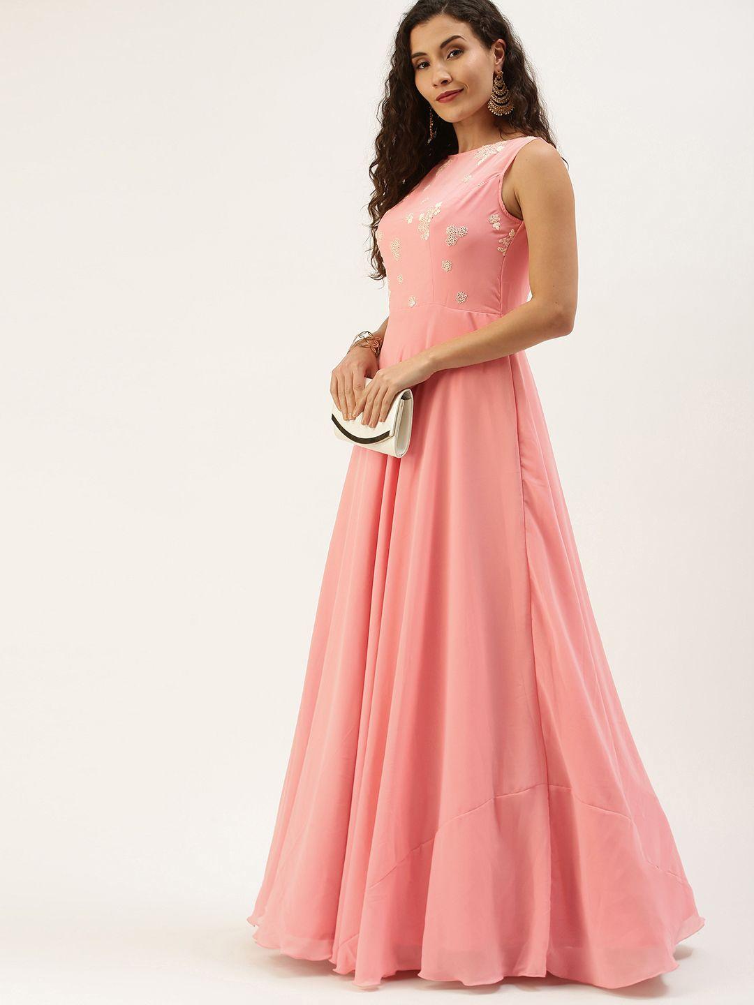 ethnovogue pink floral georgette embroidered maxi dress