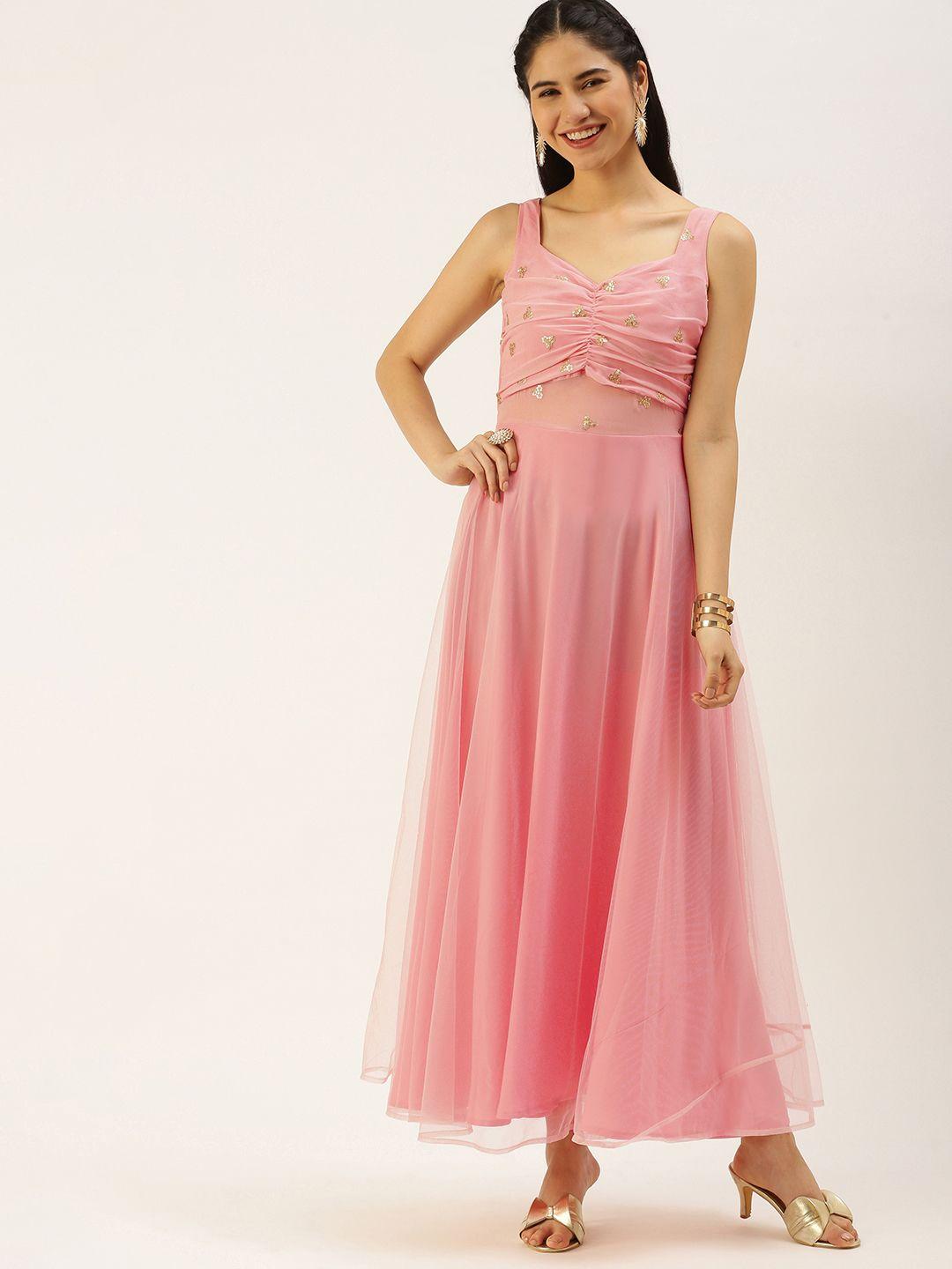 ethnovogue pink sequined detail net maxi dress