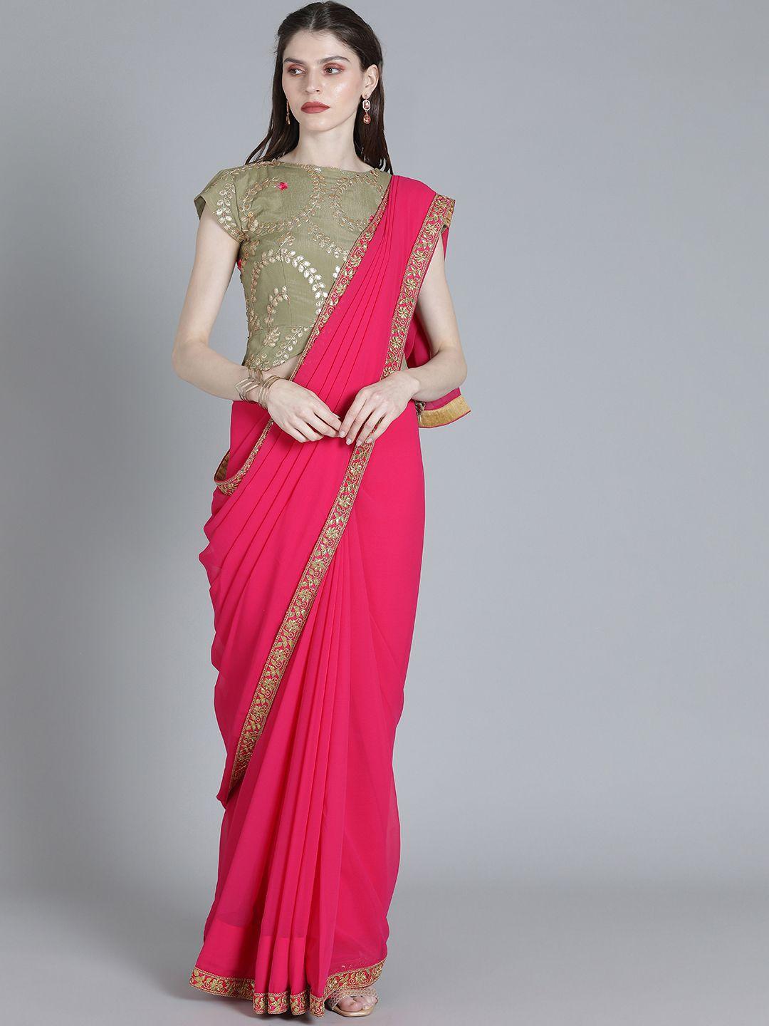 ethnovogue pink solid poly georgette saree