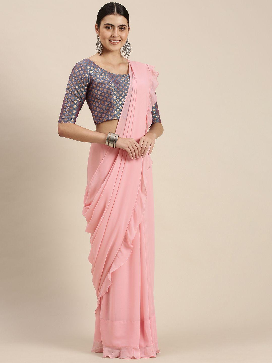 ethnovogue pink solid ruffle border saree