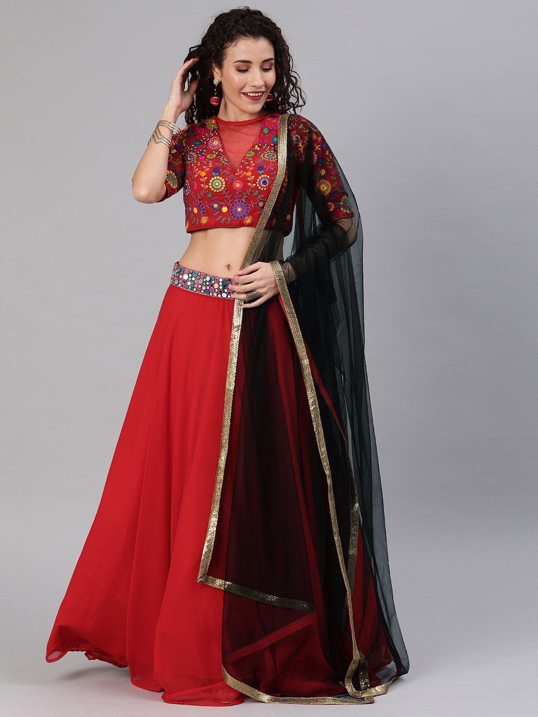 ethnovogue red & black embroidered made to measure lehenga & blouse with dupatta