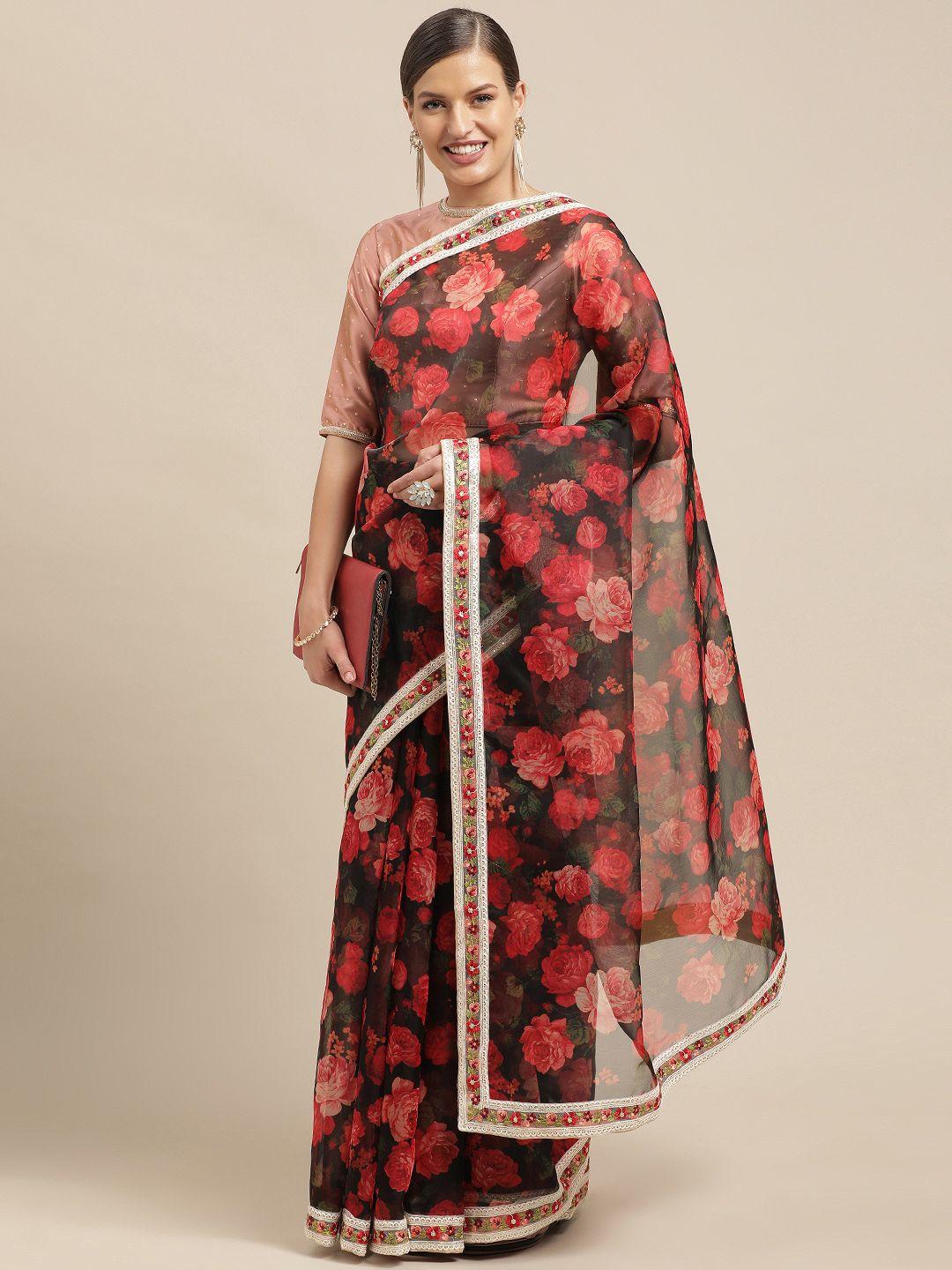 ethnovogue red & black floral organza saree