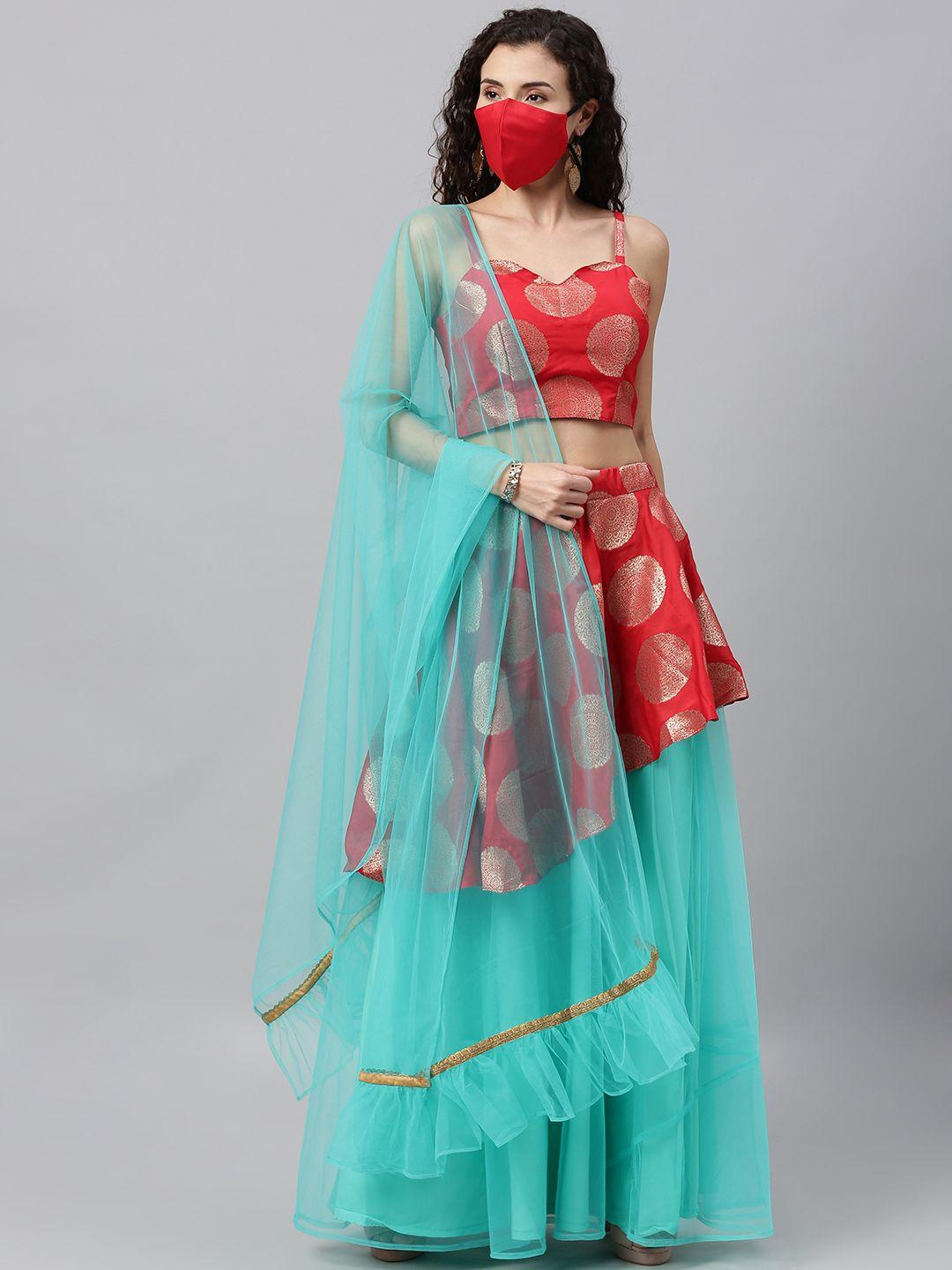 ethnovogue red & blue woven design made to measure lehenga & blouse with dupatta