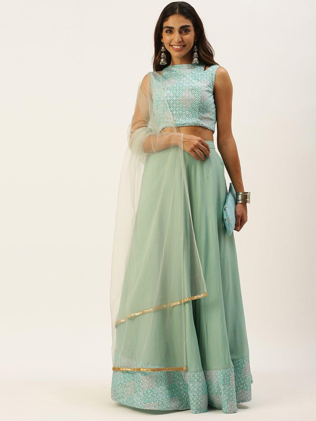 ethnovogue sea green sequinned ready to wear lehenga & blouse with dupatta