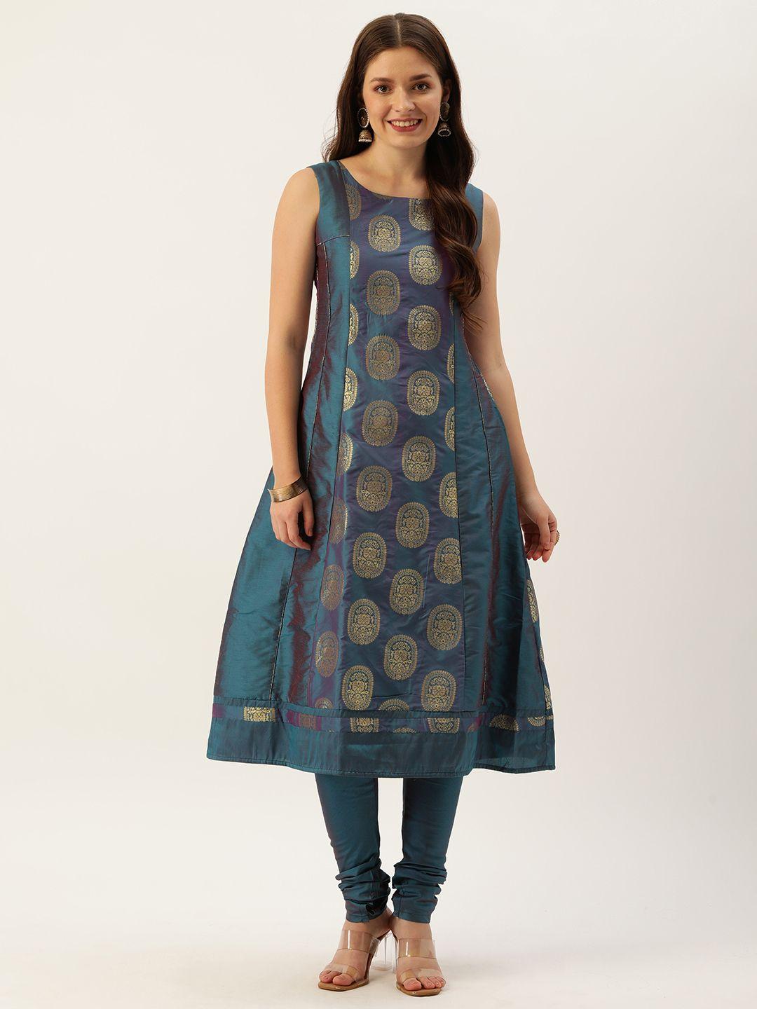 ethnovogue teal blue & gold made to measure jacquard woven panelled a-line kurta churidar