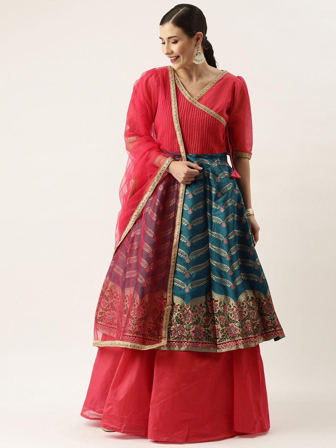 ethnovogue teal blue & pink made to measure lehenga & blouse with dupatta