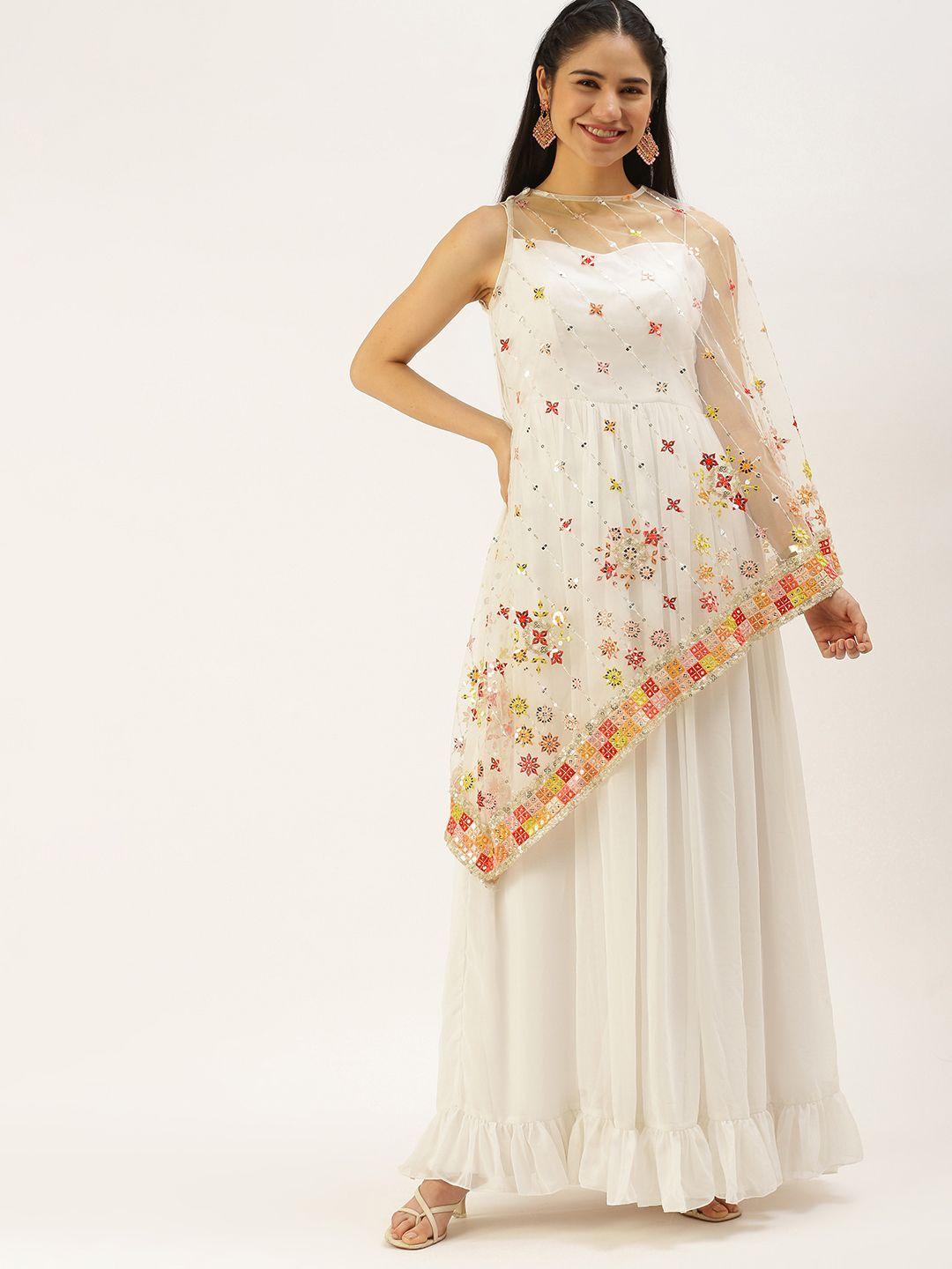 ethnovogue white & red embellished layered georgette padded gown