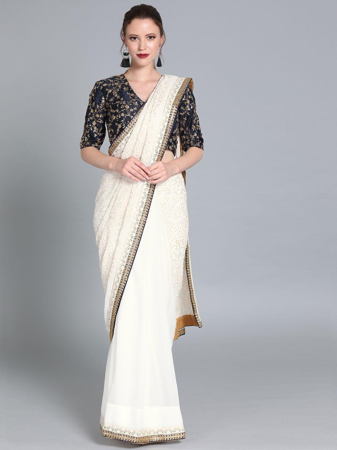 ethnovogue white solid poly georgette made to measure saree with embellishments