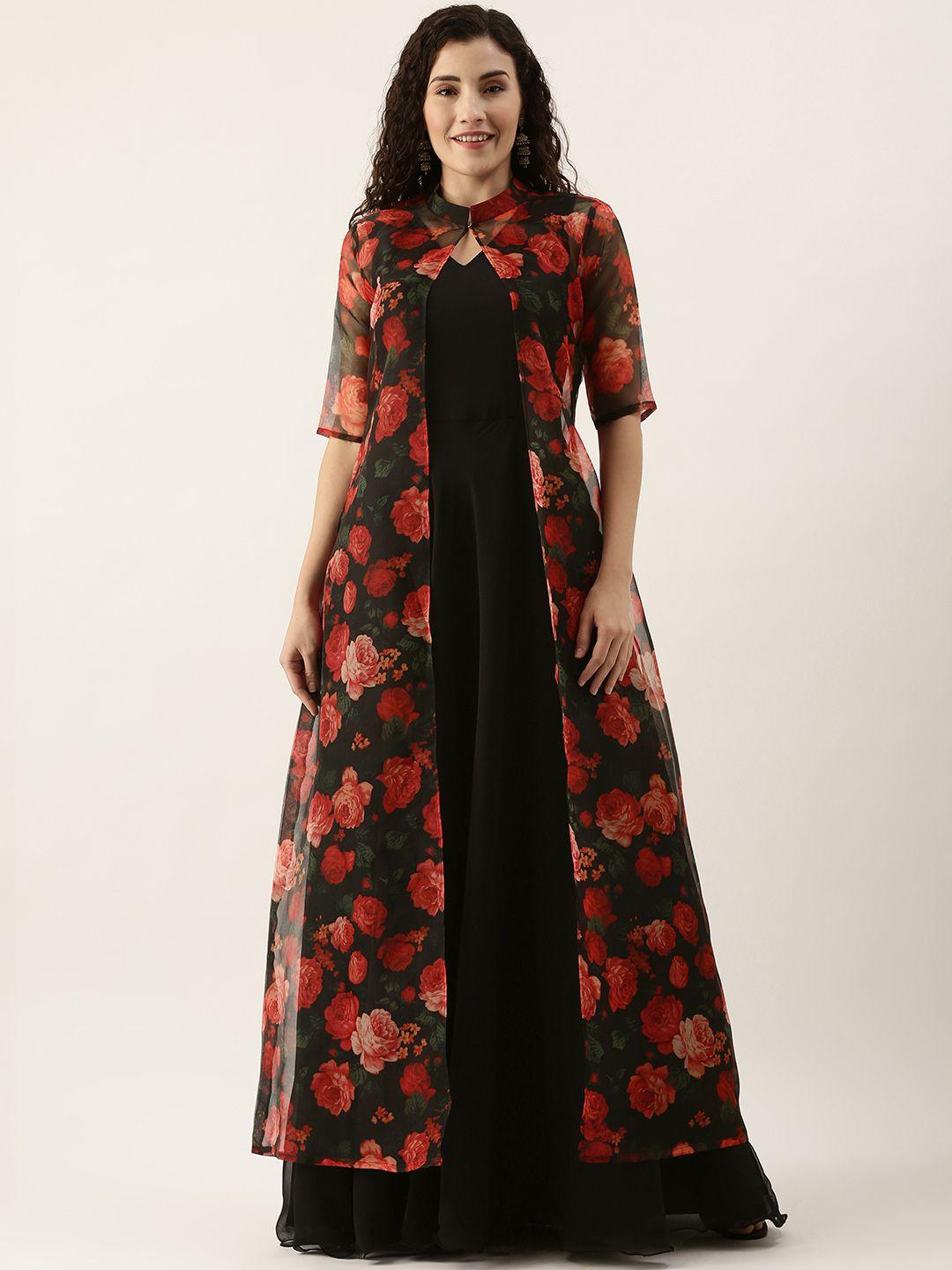 ethnovogue women black & red layered georgette a-line maxi dress with a organza jacket