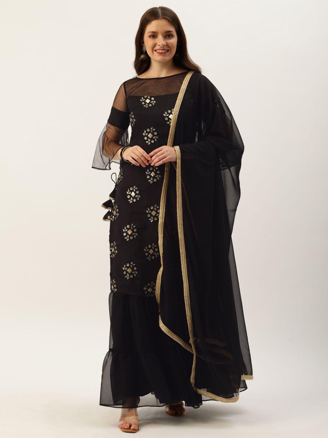 ethnovogue women black floral embroidered made to measure kurta with palazzos & dupatta