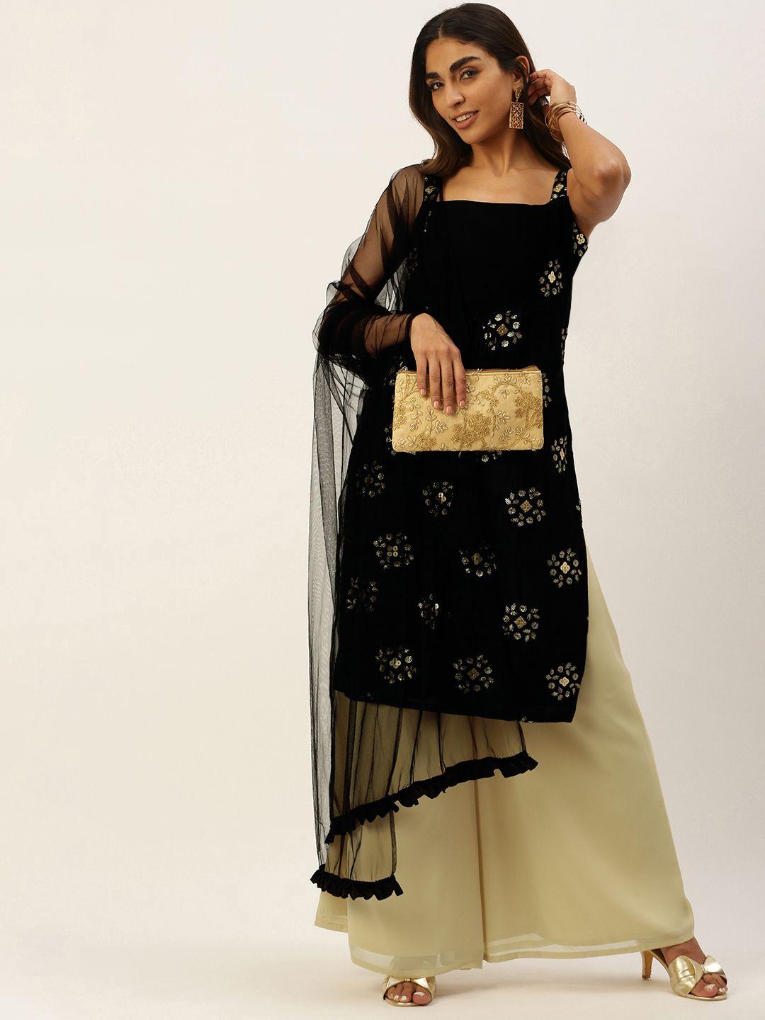 ethnovogue women black floral embroidered sequinned kurta with palazzos & with dupatta